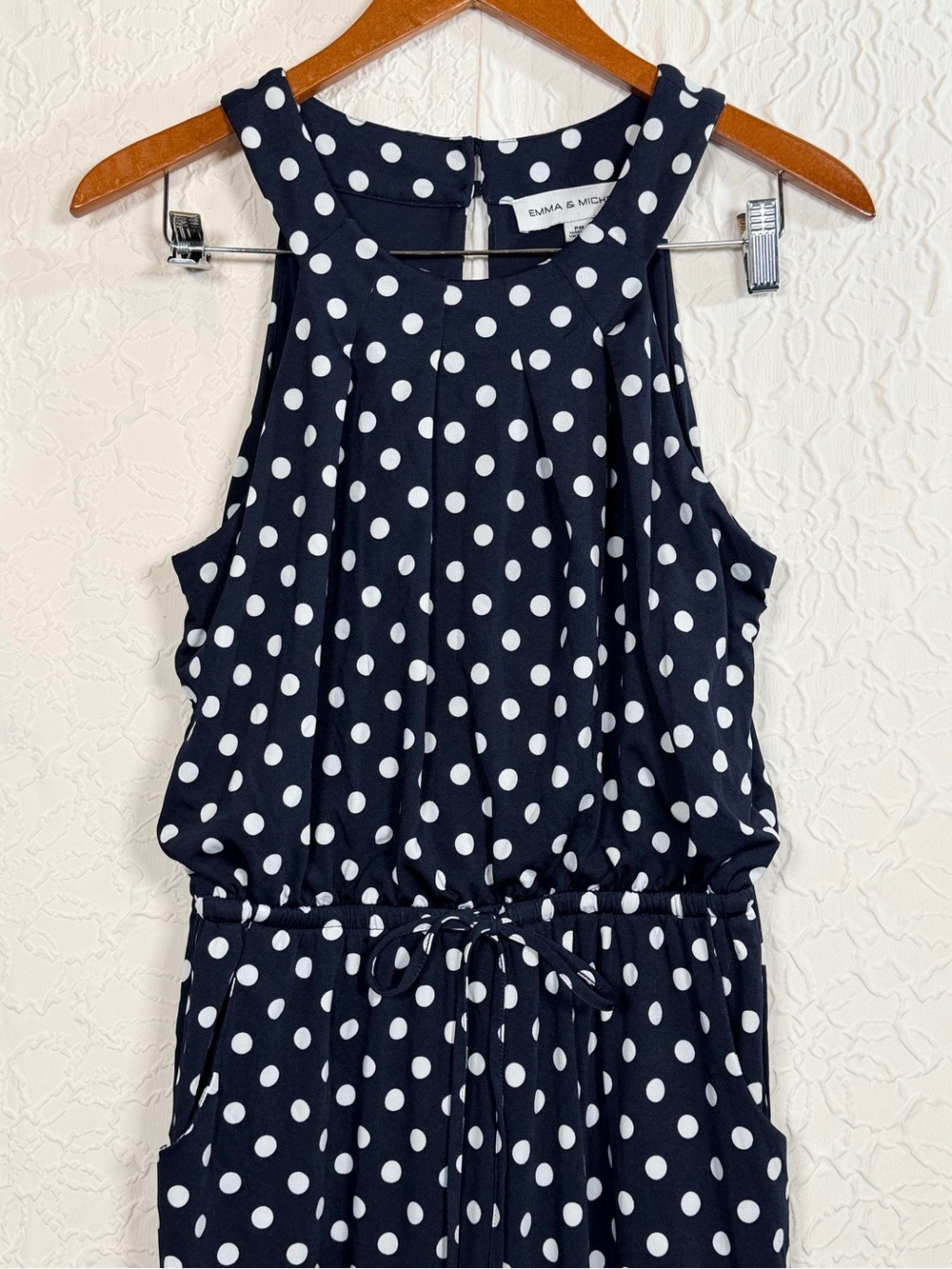 Emma & Michele Dark Navy Polka Dot Halter Wide Leg Cropped Romper Sz PM - Picture 4 of 14